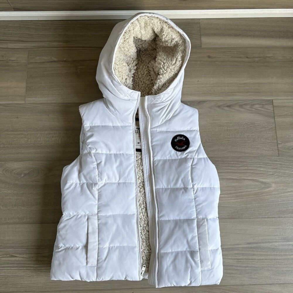 Hollister Woman's Junior Size M White Puffer Down Filled Full Zip Up Hoodie Vest